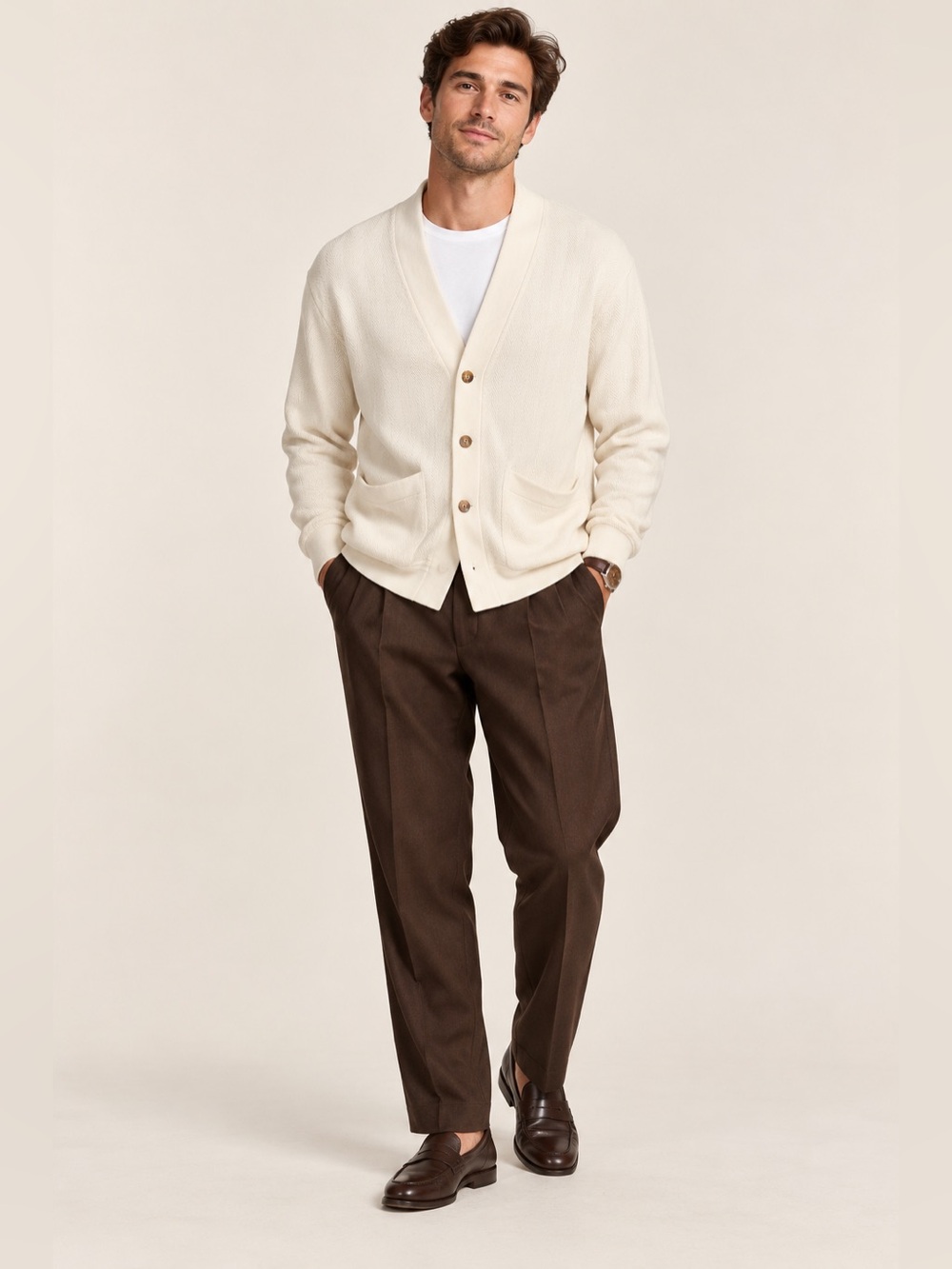 Slate & Stone Mens Medium Cream Textured Cardigan Sweater Button Front Pockets
